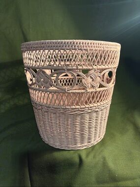 Vintage Pale Pink Wicker Waste Basket